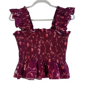 Hill House Home Paz Smocked Ruffle Top M‎ Burgundy Floral Cottagecore Coquette
